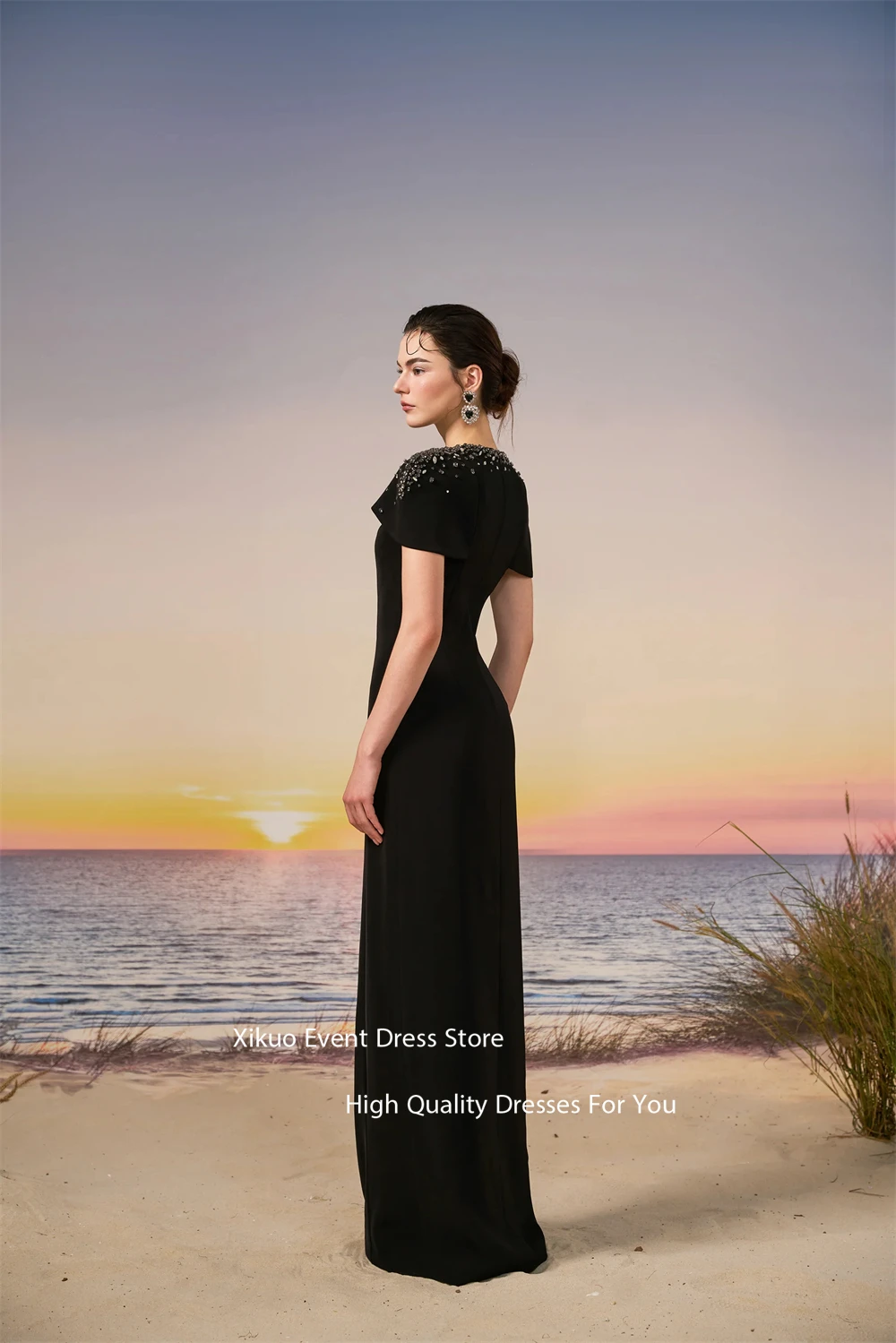 فستان سهرة رسمي أسود مستقيم من Xikuo بأكمام قصيرة فساتين حفلات كريستال مطرز سباركلي فساتين المشاهير حسب الطلب #2