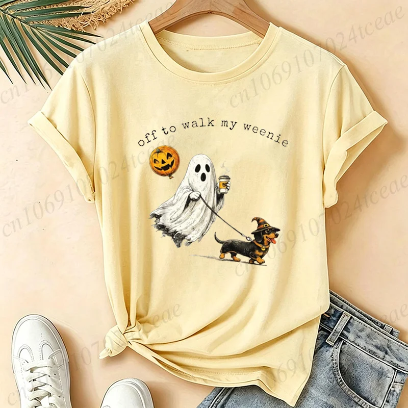 Off To Walk My Weenie Print Women's T-Shirts Short Sleeve Tees Dachshund Ghost Dog Print T-Shirts Spooky Weenie Dog Shirts Gifts