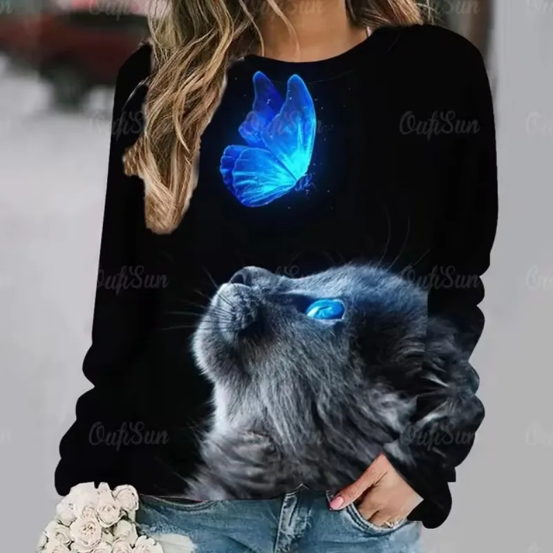 Women Clothing Cute Cat Print Fashion Women\'s Long Sleeves T-shirts Fall Casual Cotton Pullover Loose Female Tops Streetwear