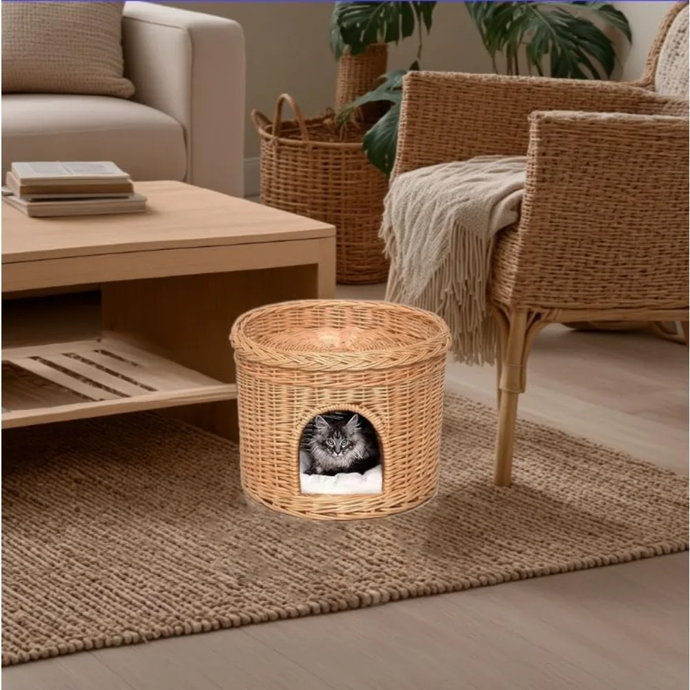 بيت قطط داخلي من الخيزران مكون من طابقين مع أسرة كهف مزدوجة لعيش مريح للحيوانات الأليفة