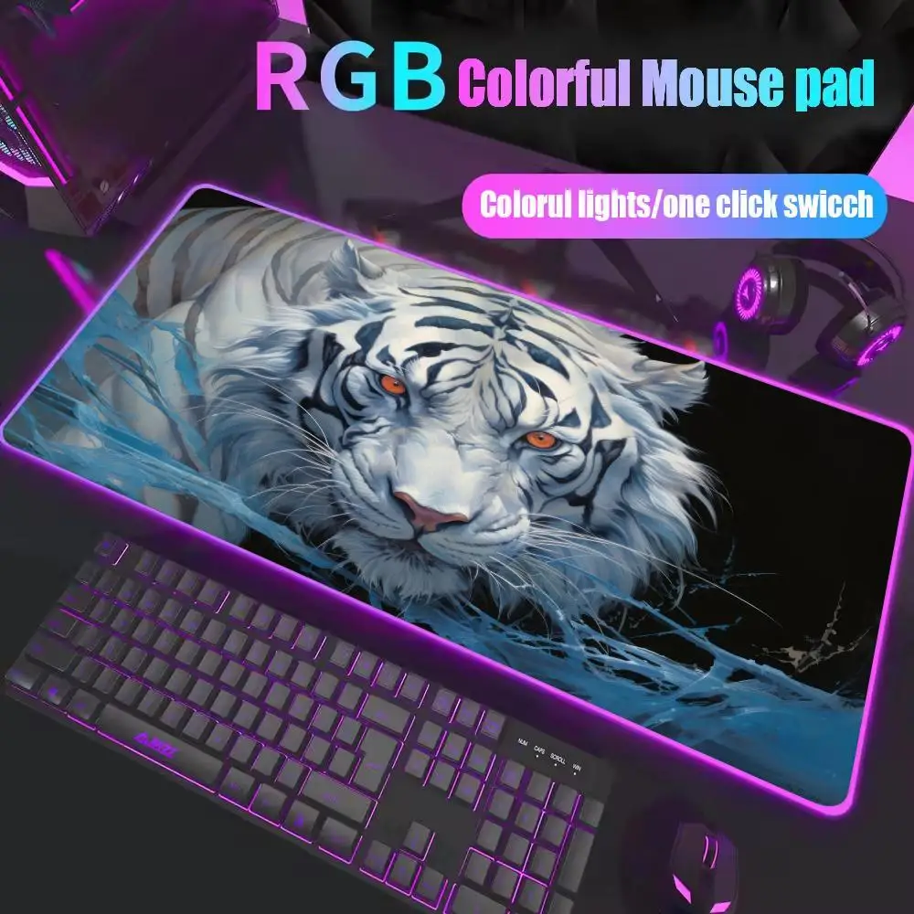Ferocious Tiger Mouse Pad RGB E-sports Keyboard Deskmat LED Light Mousepad Large HD Computer Gamer Accessories Long Desktop Mat