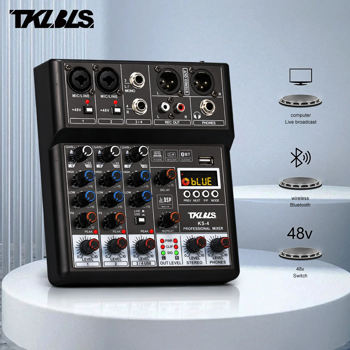 TKL KS-4 Professional 4 Channel Mixer DSP 48V Phantom Power  Bluetooth USB Mixing Console Performance