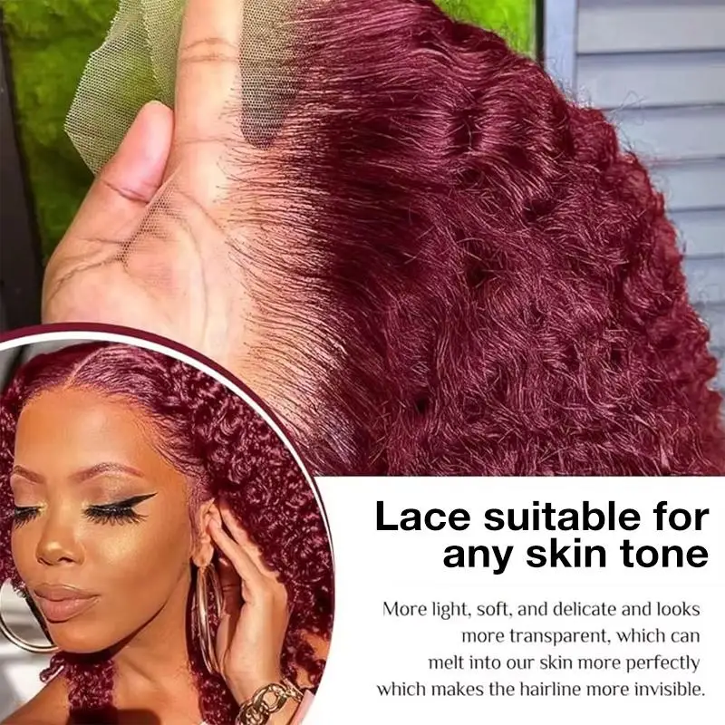 99j Deep Wave Lace Front Hair Wigs 250% 13x6 HD Lace Frontal Human Hair Wigs Burgundy Red Lace Wigs Pre Plucked Natural Hairline view 2