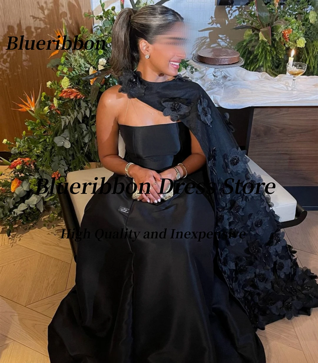 Blueribbon Women's Evening Dress Strapless Zipper Back Prom Dresses with Handmade Flowers Wraps Formal Occasion Party Gowns