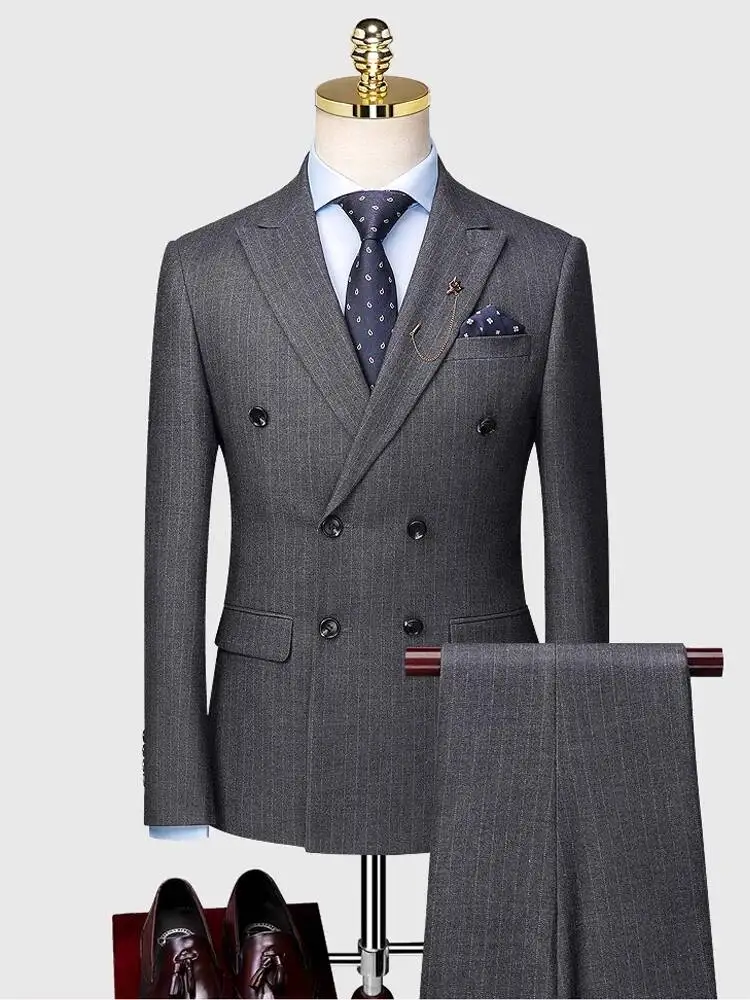 Men Vintage Grey Pinstripe Double Breasted 2 Piece Outfit Peak Collar Slim Fit Blazer Pants Groom Wedding Dress Customized