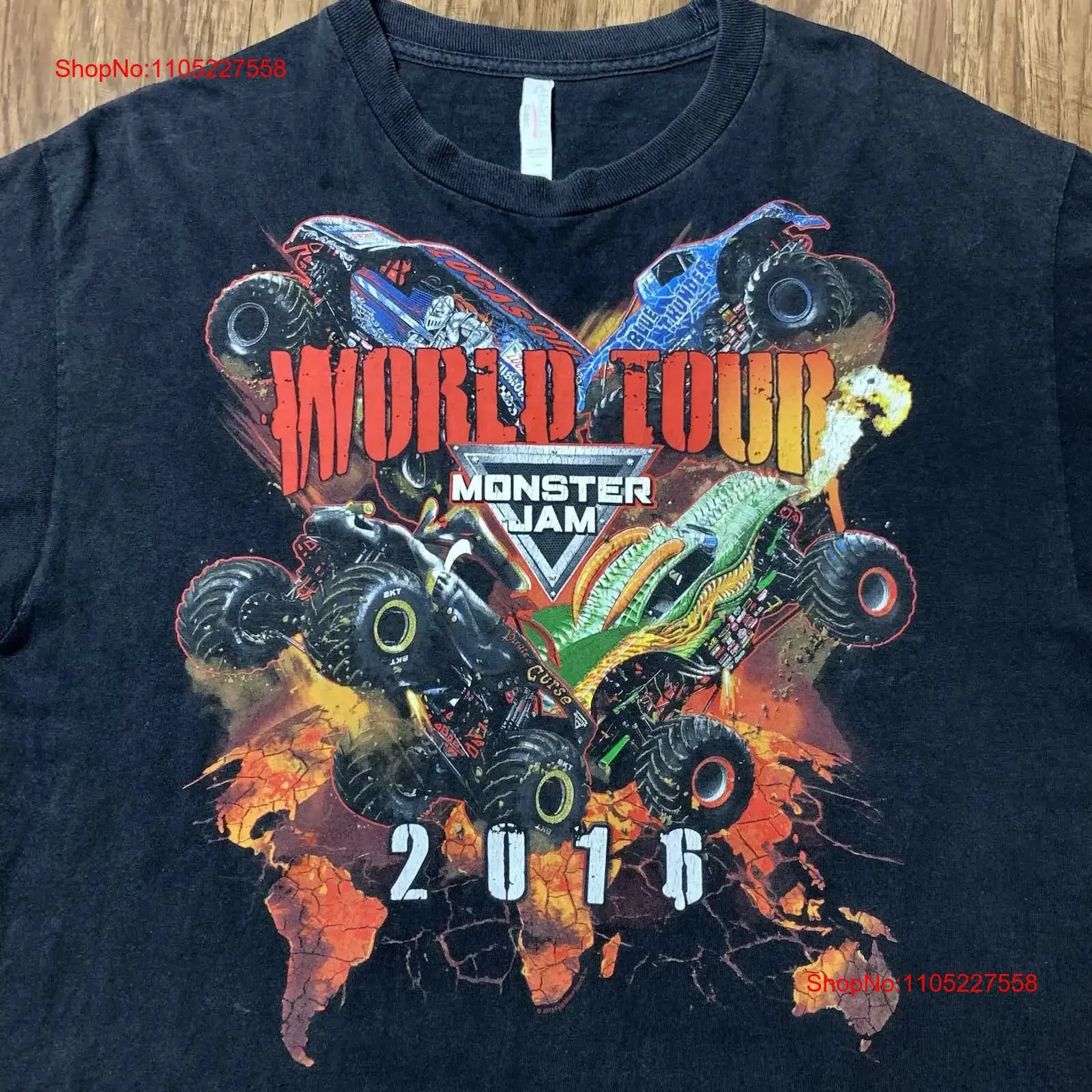 

Футболка Monster Jam, большой размер World Tour 2016, грузовики AOP, двухсторонняя, винтажная, дышащая, модная, растянутая, универсальная
