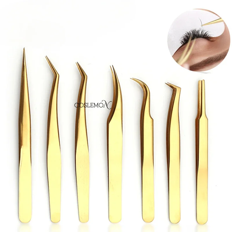 1pcs Eyelashes Tweezers Stainless Steel Super Hard Tweezer High Precision Anti-static Gold Straight Bend Multifunction Tools