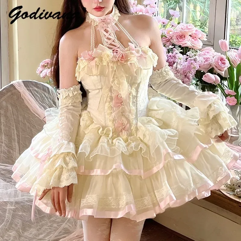 

Fairy Ballet Style Romantic Atmosphere Flower Ribbon Princess Halter Dress 2024 New Spring Summer Women's Lolita Strapless Dress