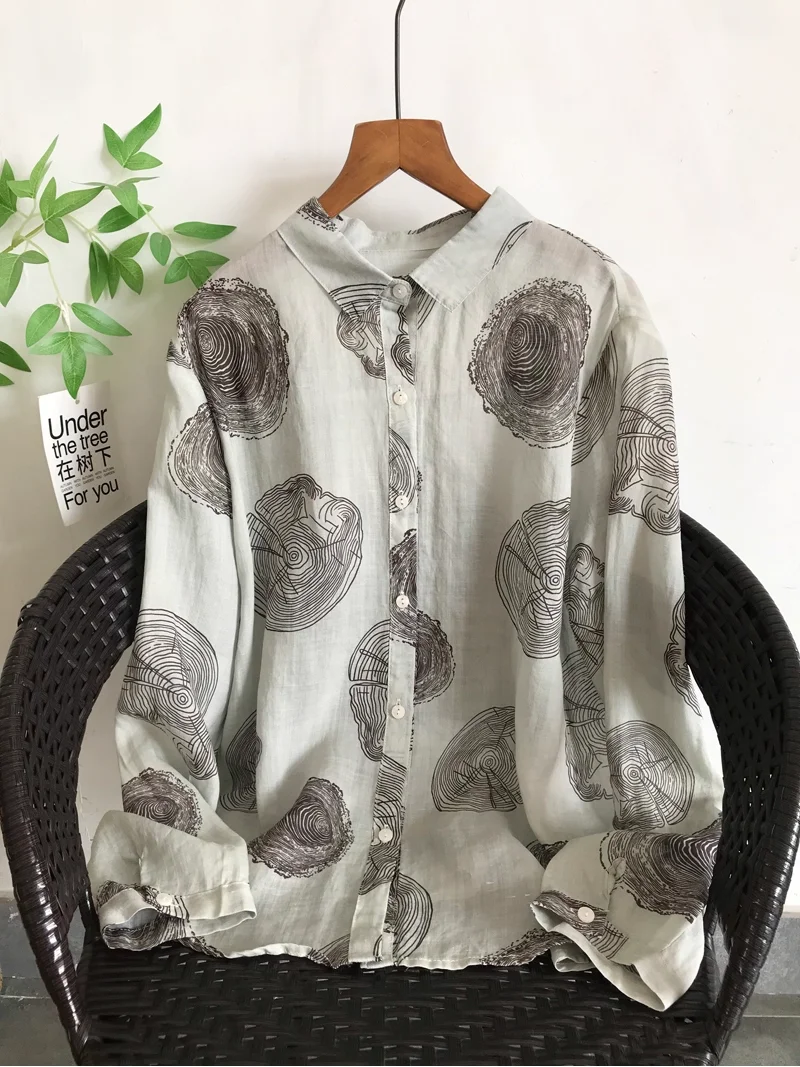 Enianechu Camicie con stampa a pois in puro lino ramio al 100% Camicetta da donna colorata con pois arcobaleno Traspirante Natura Top a maniche lunghe