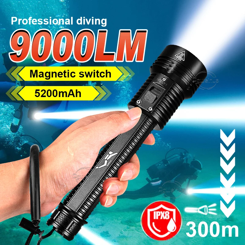 

9000LM Powerful Diving Flashlight IPX8 Scuba Diving Flashlight Professional Super Bright Underwater Lantern