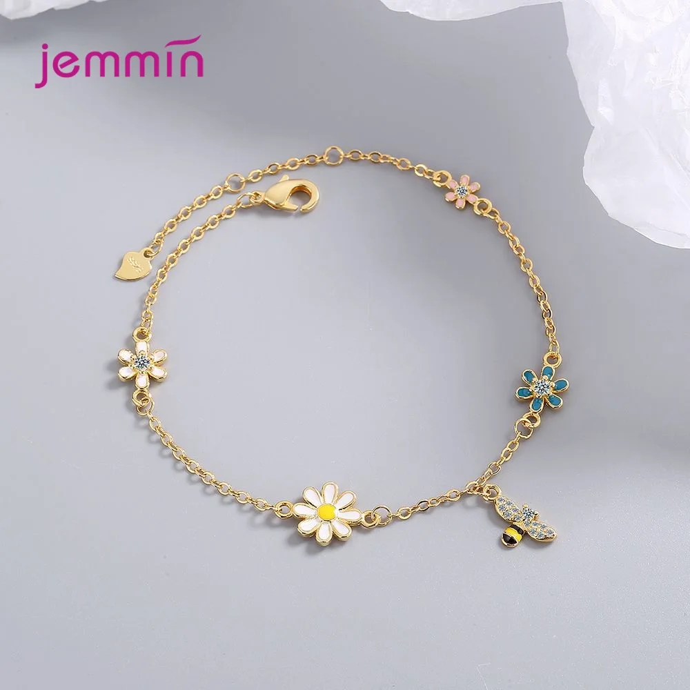 Bunte Anhänger Armband echte 925 Silber Biene Blumen Armband für Frauen Mädchen Hochzeits feier Schmuck Zubehör