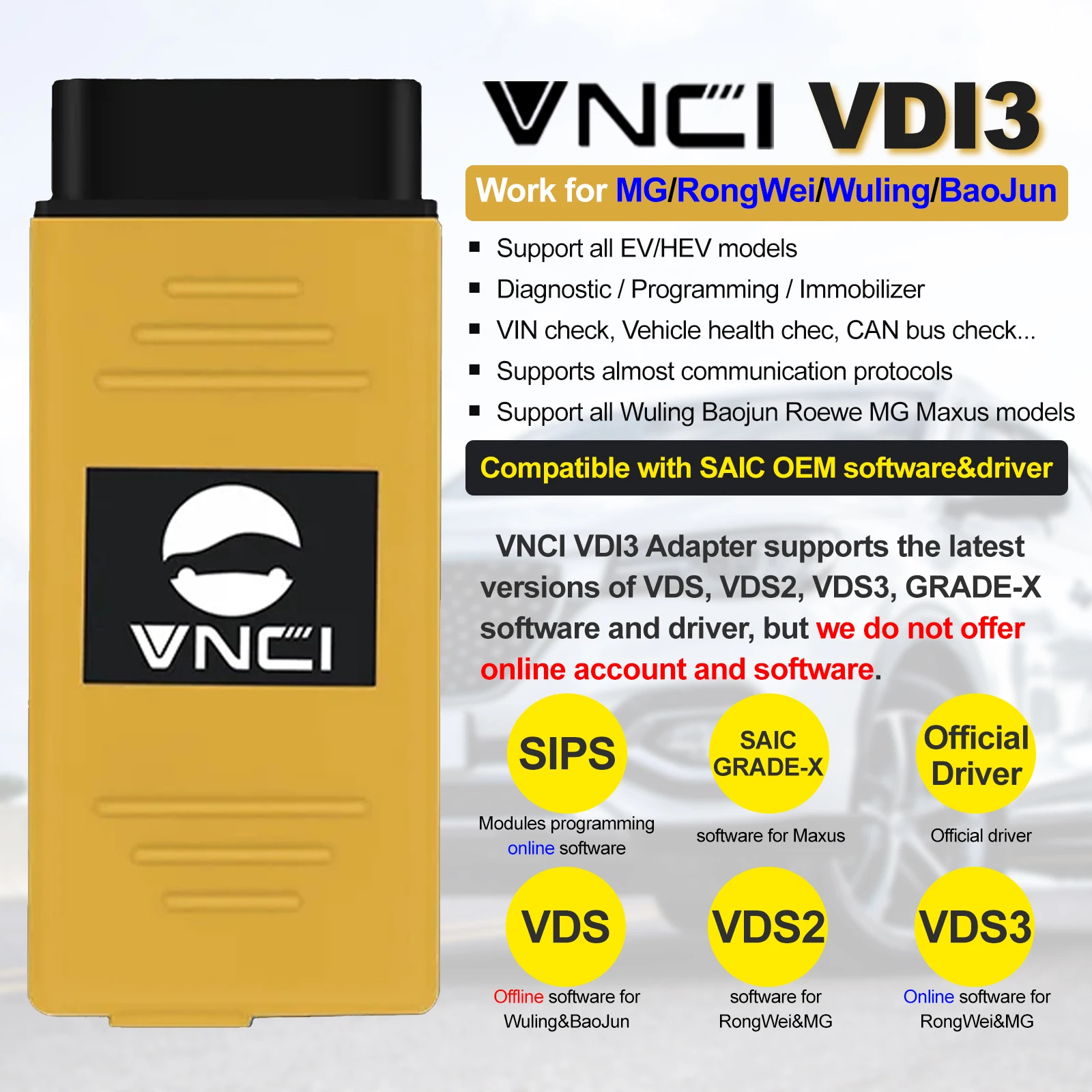 VNCI VDI3 for MG/Rongwei/Wuling/Baojun Support DoIP CANFD Diagnostic Scanner Interface for SAIC EV/HEV Car Diagnostic Adapter