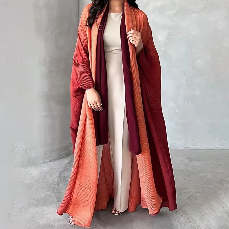 Abaya Luxury Robe Miyake Pleated Cardigan Plus Size Trench Coat Loose Elegant Scarf Neck Outer Poncho Modest Islamic Clothing