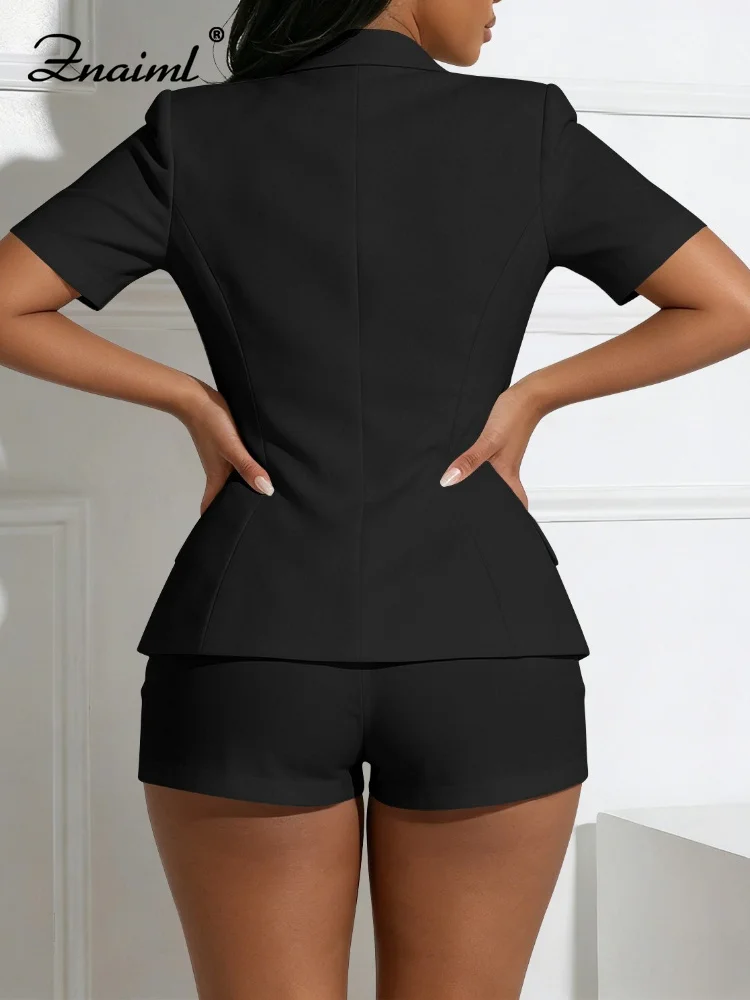 Znaiml Elegant Office Work Women Pink Short Sleeve Blazer ann Shorts 2 Piece Set Double Breasted Gold Button for Party Guest view 6
