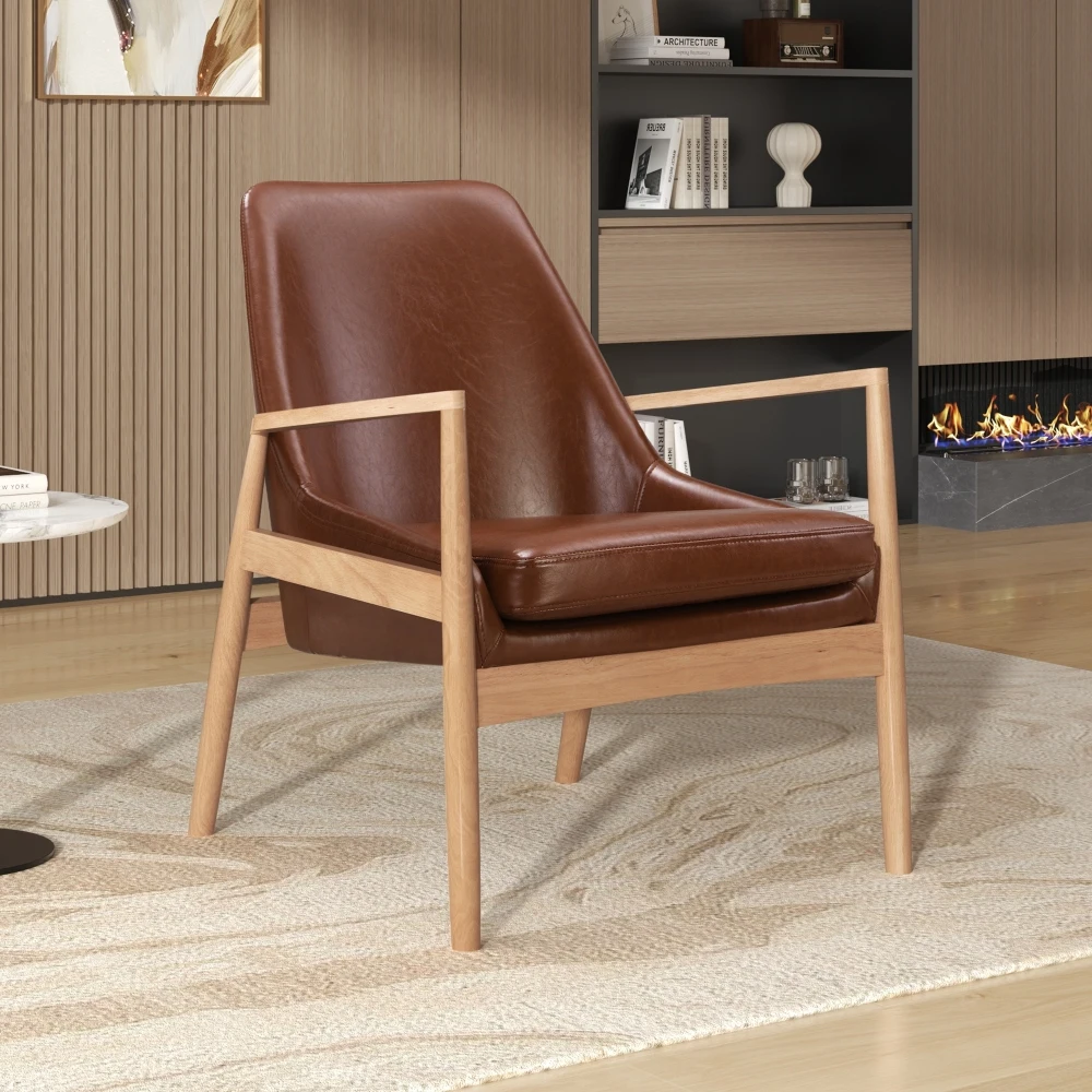 

PU Leather Accent Chair, Mid-Century Modern Armchair with Solid Wood Frame, Reading Leisure Chair with High Back