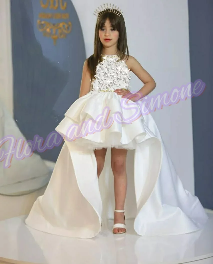 تخصيص الديكور الفاخرة زين س الرقبة أكمام ألف خط زهرة فتاة فستان قصير طول قطار الاجتياح ثوب التواصل الأول #2