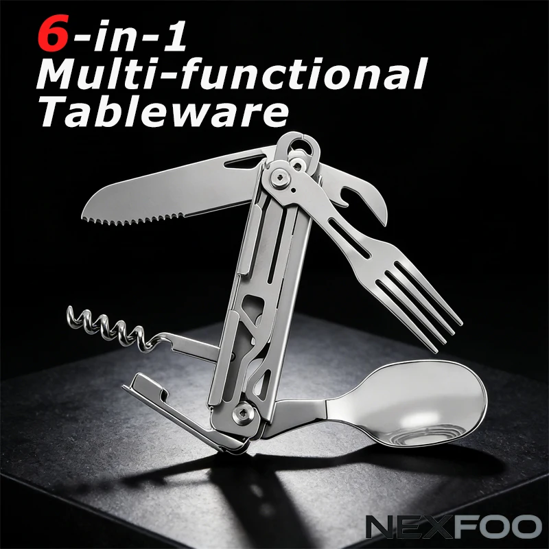

Многофункциональный складной набор посуды для кемпинга 6-в-1 (1 шт.) – портативный походный набор с ножом, вилкой, ложкой и открывалкой для бутылок