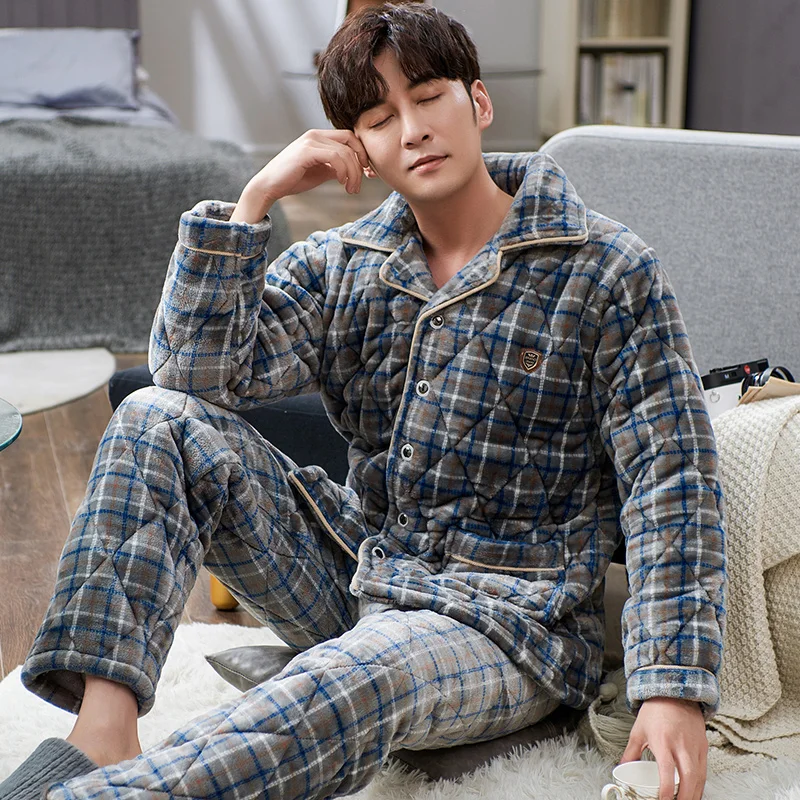 Stripe Coral Fleece Quilted Men's Pajamas Set Winter Thick Long Sleeve Long Trousers Set Casual Keep Warm Home Service Sleepwear