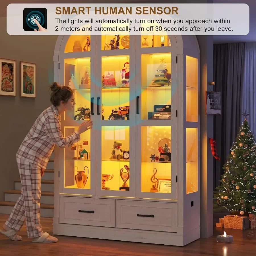 74" Arched Display Cabinet with Glass Doors and Drawers, Motion Sensor 3-Color Lights, Glass Curio Cabinet, 5-Tier Showcase for view 4