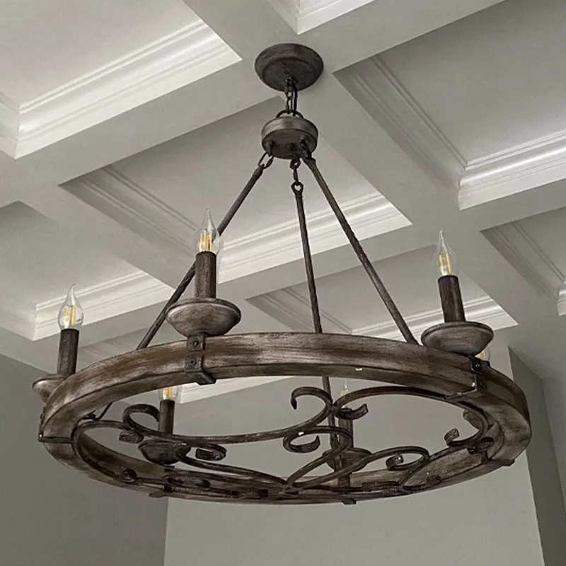 โคมไฟระย้าล้อไม้สไตล์อเมริกันย้อนยุคอุตสาหกรรม ห้องนั่งเล่น ไฟห้องรับประทานอาหาร ไฟห้องนอน ไฟวิลล่า