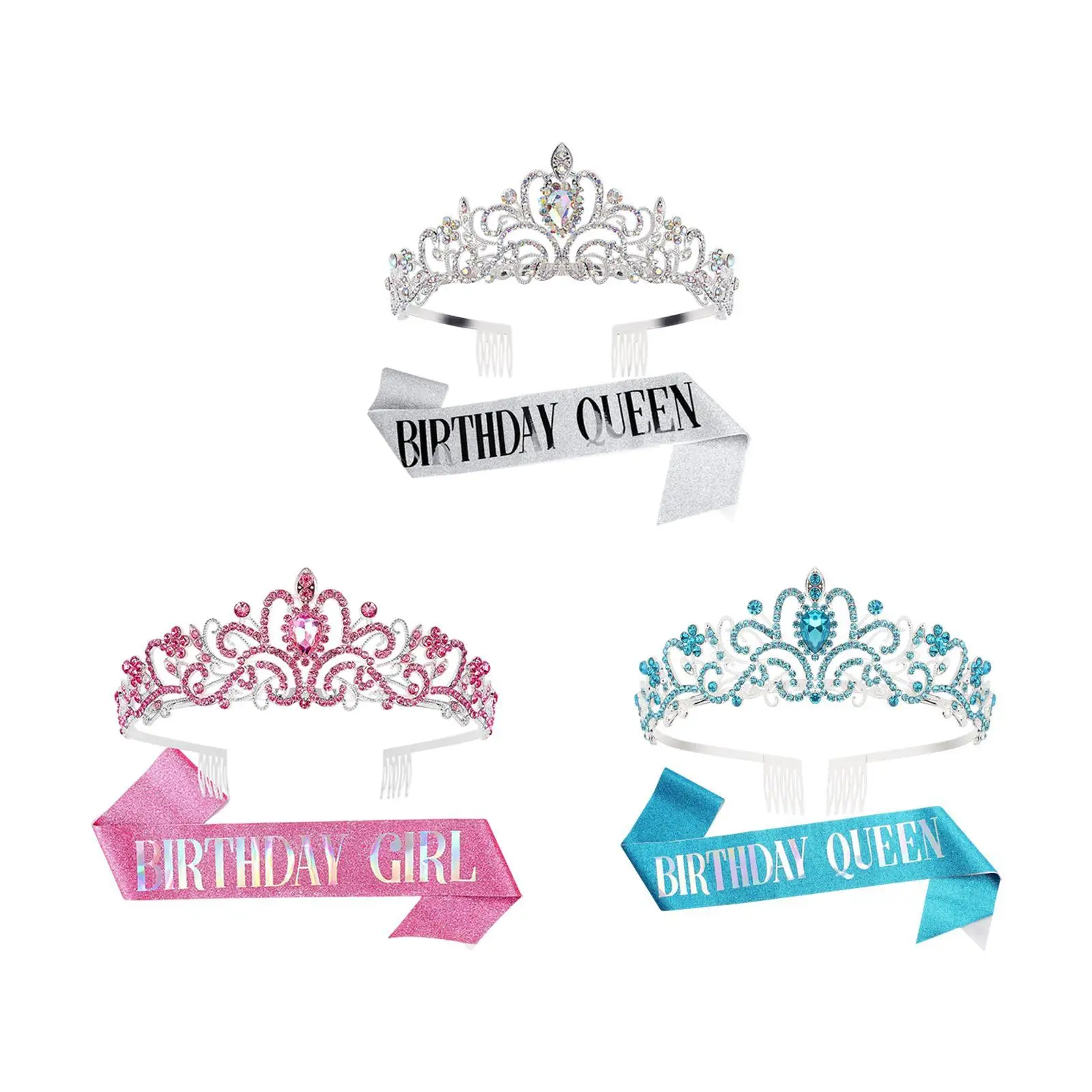 Birthday Tiara Set Party Supplies Beautiful Shiny Letter Printed Ribbon Birthday Adornment for Gifts Kids Adults Women Girls