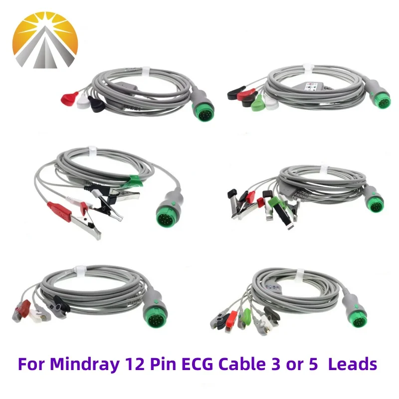 For Mindray Patient Monitor 12 Pin ECG Cable Beneview T5 T6 T8 One Piece 3 Leads or 5 Leadwires Snap Grabber or Veterinary Clip