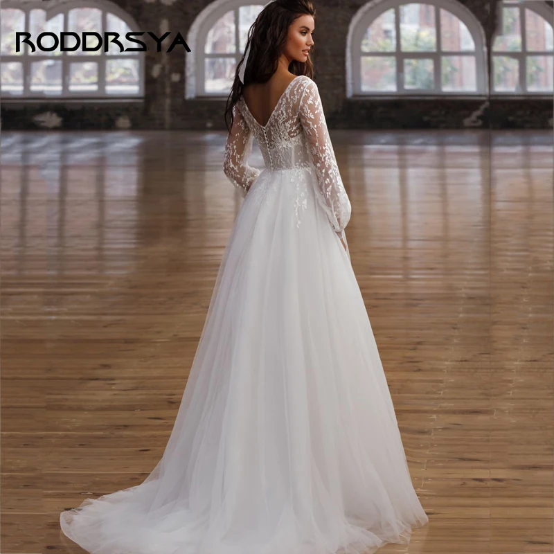 RODDRSYA Elegant A-Line Wedding Dress For Women Long Puff Sleeve Lace Applique Bridal Gown Illusion Back Button vestido de noiva