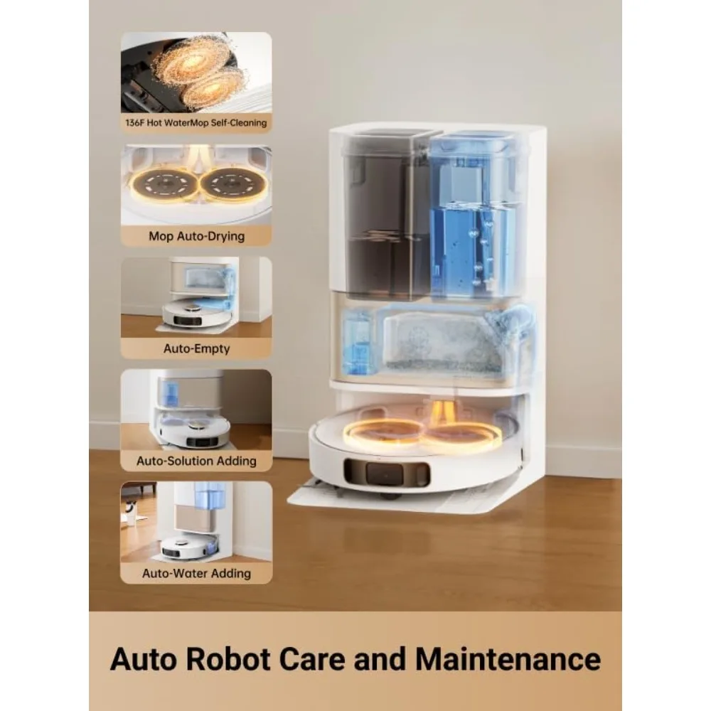 US Shipping Robot Vacuum and Mop Combo 7000Pa Suction 136F Hot Water Self-Cleaning Mop for Hair Carpets