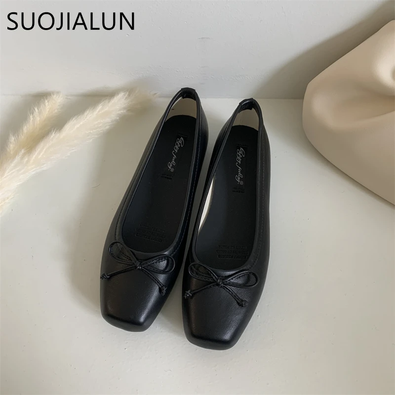 SUOJIALUN 2023 New Women Flat Shoes Fashion Square Toe Shallow Slip On Ladies Casual Ballet Shoes Soft Leather Outdoor Loafers S