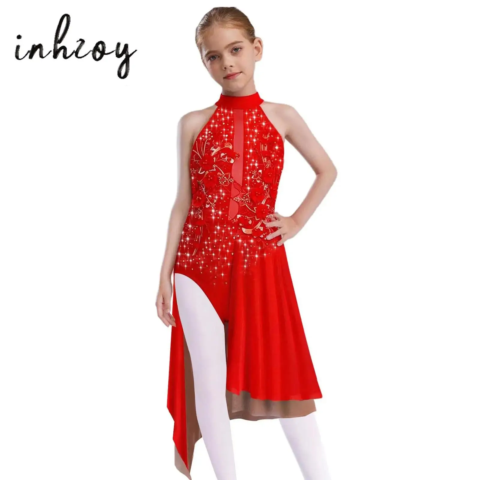 

Kids Girls Figure Skating Dress Lyrical Dance Costume Sleeveless Cross Back Applique Split Irregular Mesh Overlay Leotard Dress