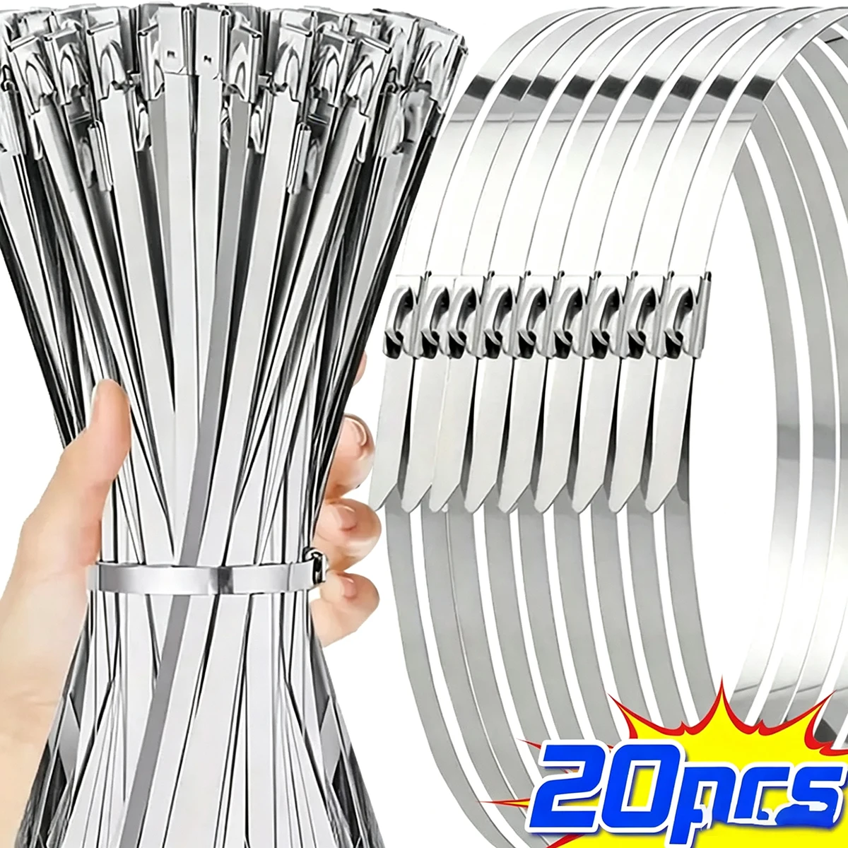 20Stück Metall-Kabelbinder, selbstsichernd, robust, vielseitig einsetzbar, Edelstahl, Reißverschlussband, Befestigungsring, Ausp