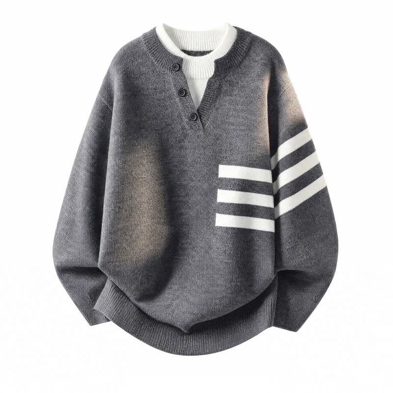 Luxury brand men's winter sweater new warm V-neck fake two-piece top fashion classic Paul Pony embroidered knitted pullover