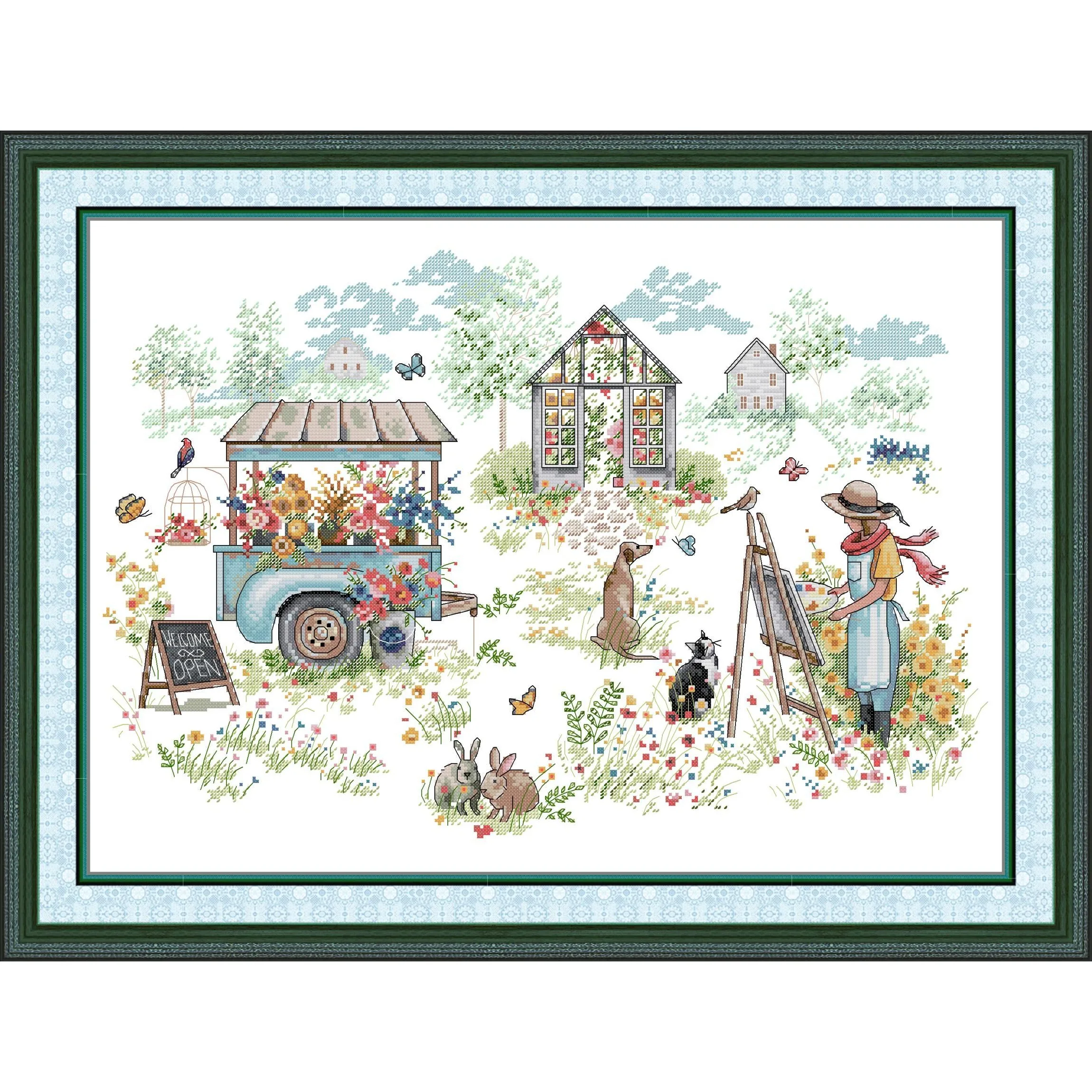 

Joy Sunday Pre-printed Cross Stitch Kit Easy Pattern Aida Stamped Fabric Embroidery Set-Mornings with Flowers
