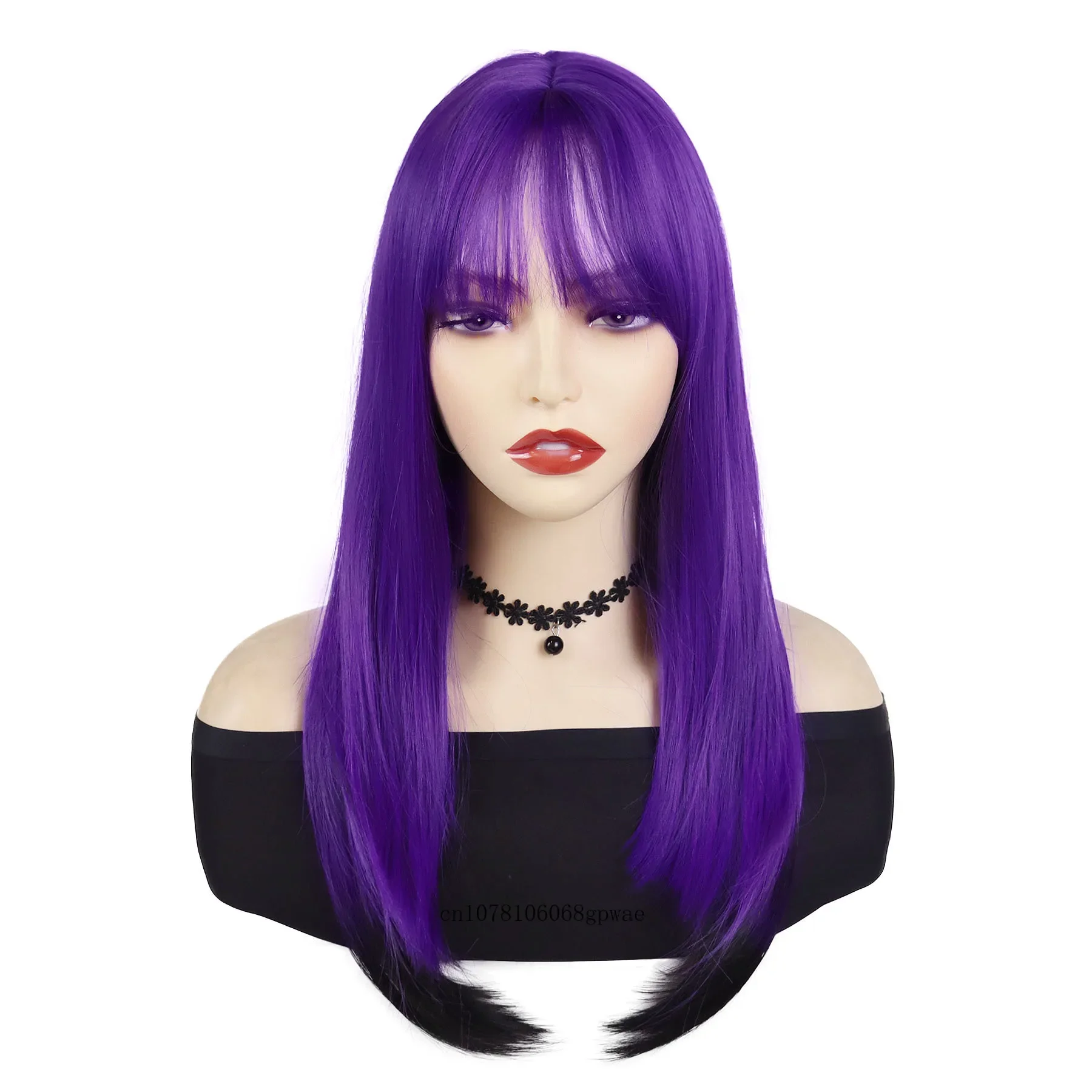 Wig panjang lurus sintetis 22 inci dengan poni untuk wanita kostum Halloween Wig hitam Ombre ungu pesta Cosplay tahan panas