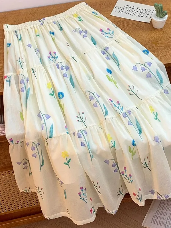 

Юбка-миди трапециевидной формы с ручной росписью fiti, большие размеры, утягивающая длина, повседневная юбка с цветочным принтом для поездок на работу