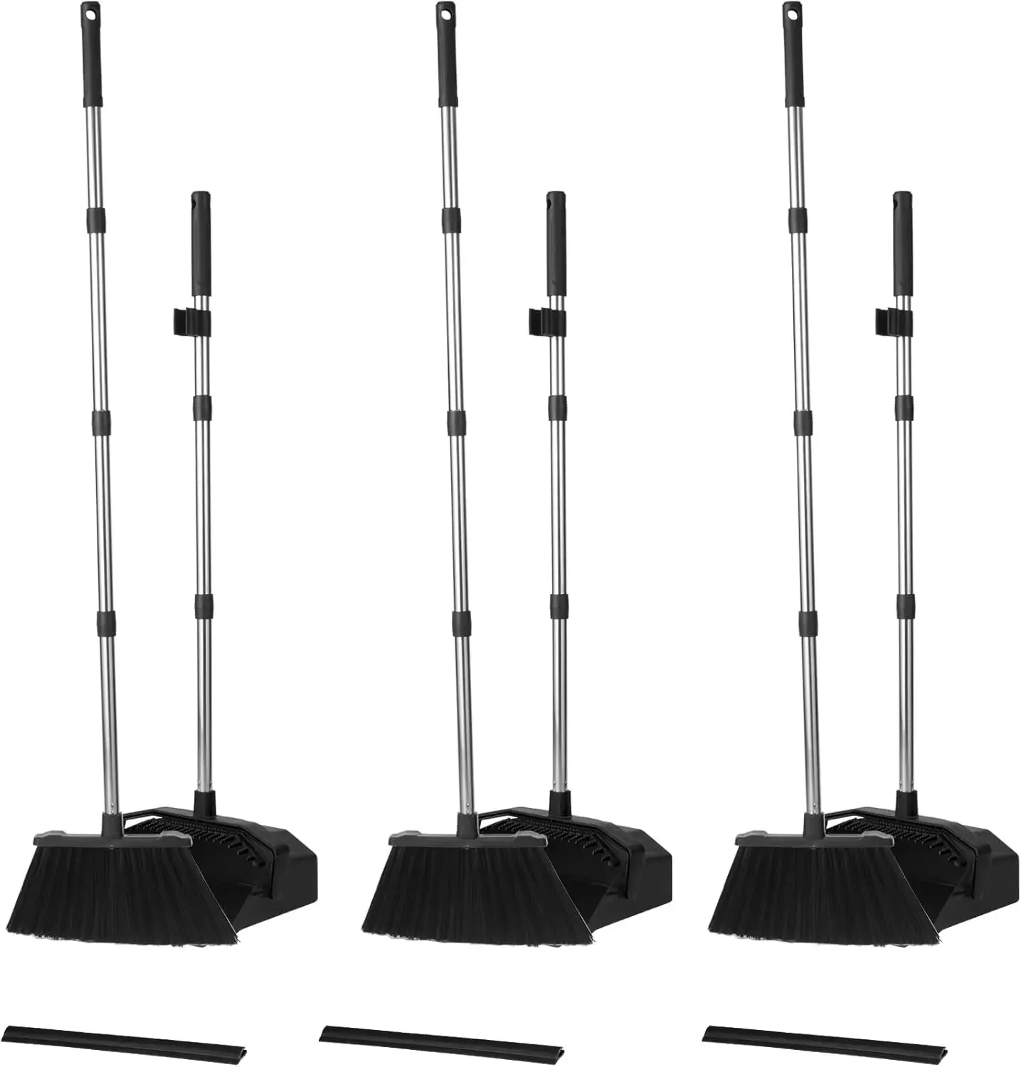 

3 Pack Long Handle Broom And Dustpan Set Large Self Cleaning Teeth Commercial For Restaurant Lobby Garage Black