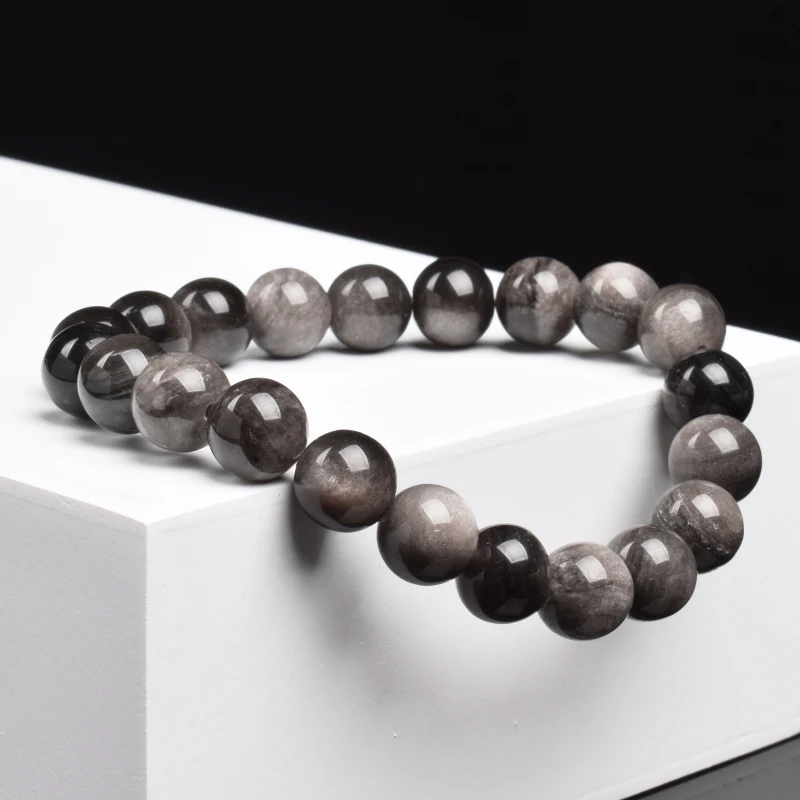 Natural Silver Color Obsidian Bracelet Men Women Original Natural Stone Beads Black Crystal Gems Sheen Energy Protection Jewelry