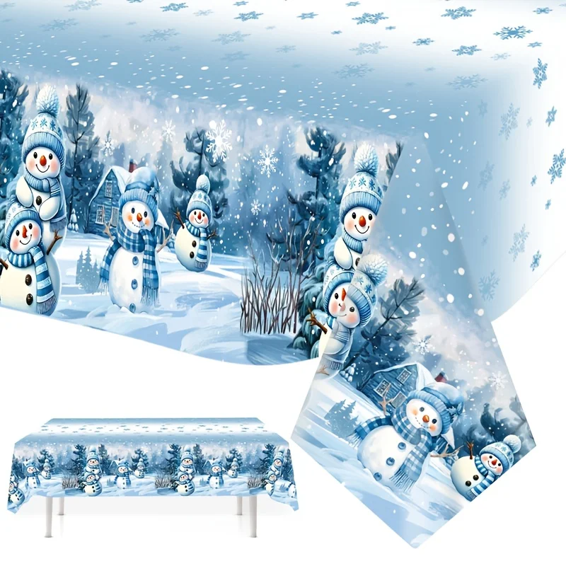 1pc Blue Christmas Plastic Tablecover 51.18X86.61inch Winter Wonderland Snowman Snowflakes Xmas Tablecloth for Indoor/Outdoor Ch