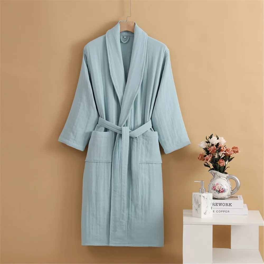 Couples Four Layers Gauze Cotton Sleepwear Kimono Bathrobe Long Sleeve Nightwear With Belt Pocket Men And Women Home Clothes