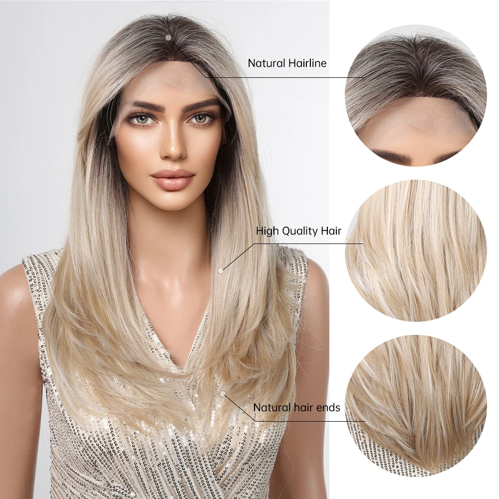 ALAN EATON Light Brown Straight Lace Front Wigs Middle Parting Ombre Blonde Lace Synthetic Wig Natural Hairline Heat Resistant