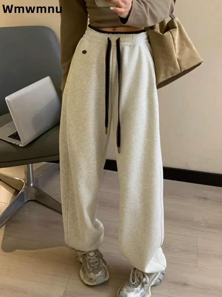Women's Casual Sweat Baggy Pants Added Velvet Thick Lace-up Loose Pantalones Straight High Waisted Wide Leg Hosen Trousers