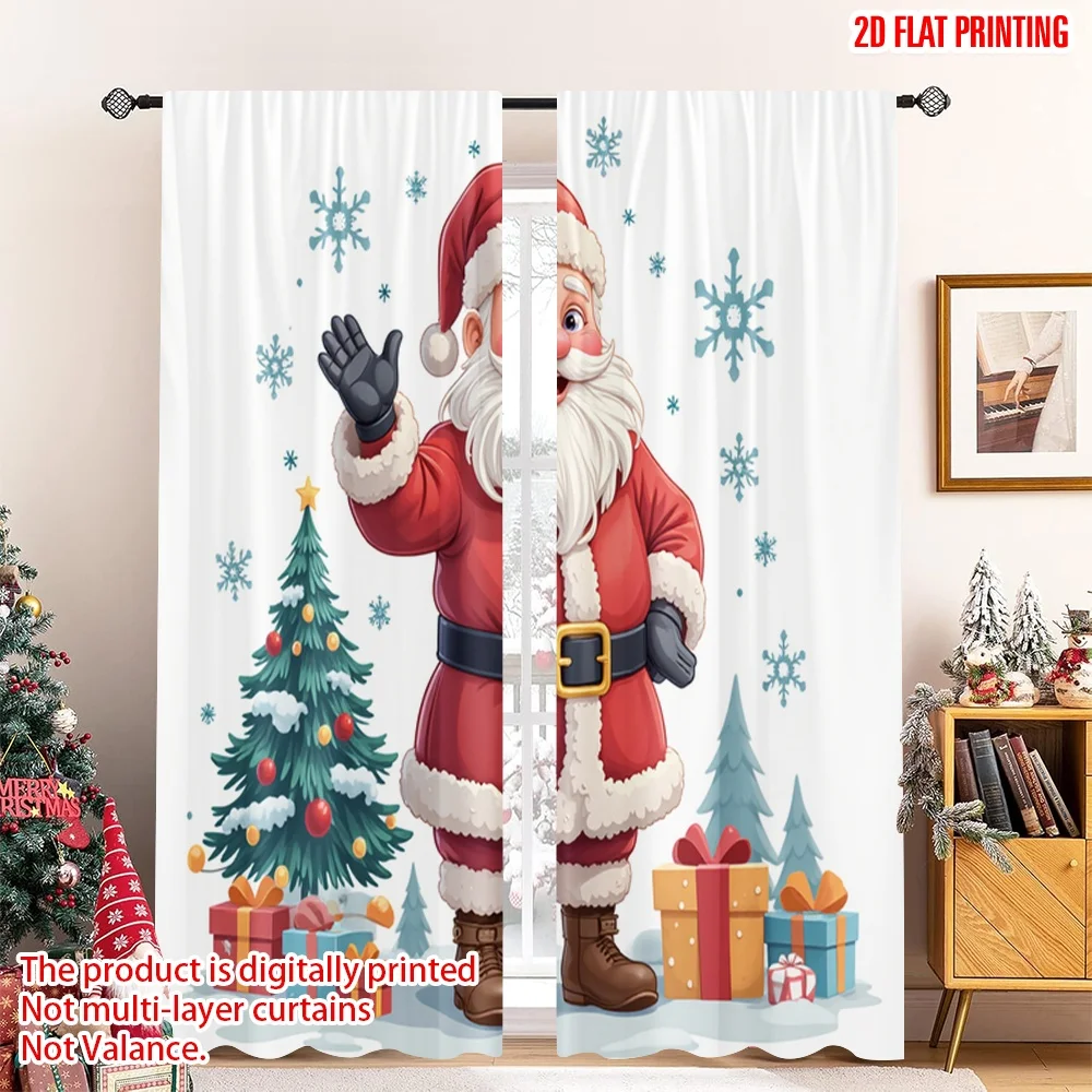 

2pcs 2D flat printing Christmas Party Curtain Santa Christmas Snowflakes Gifts 100% Polyester Without Electricity Family Party