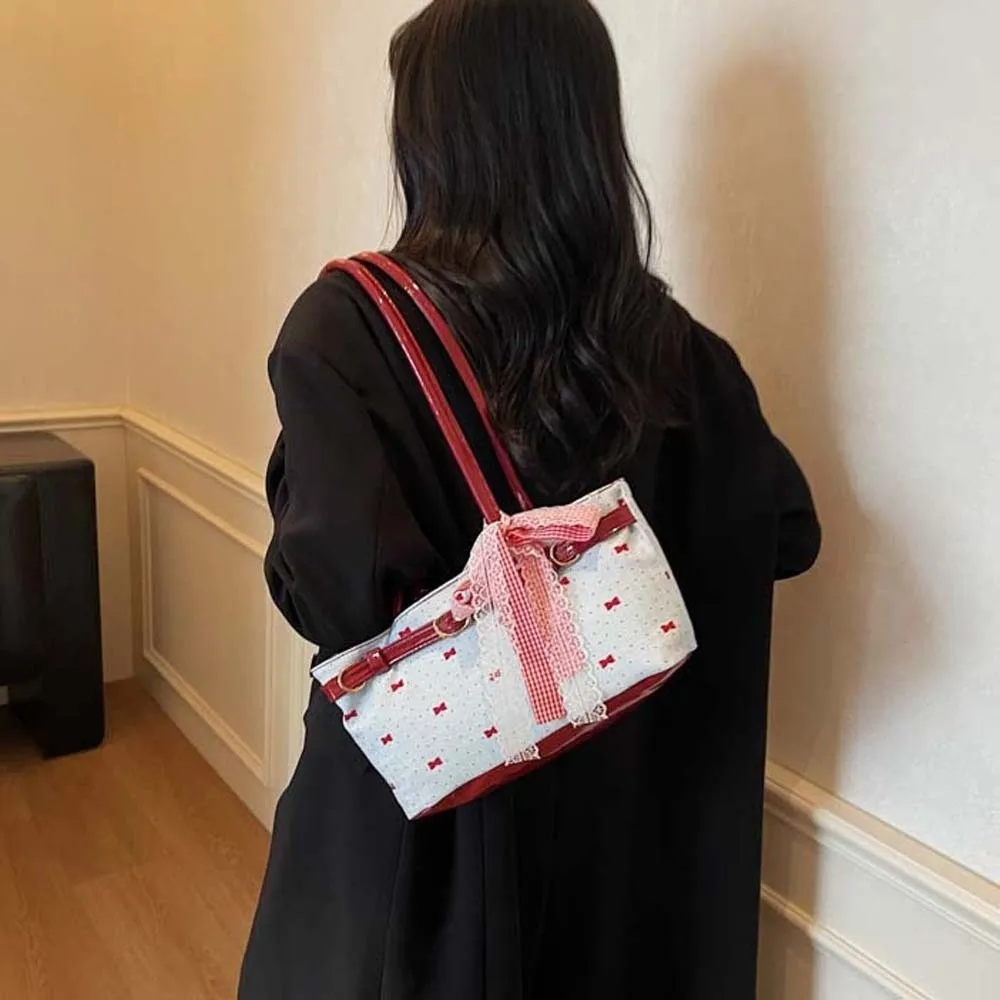 

Portable Sweet French Tote Bag Contrast Color Lace Ribbon Bow PU Handbag Waterproof Korean Style Underarm Bags School