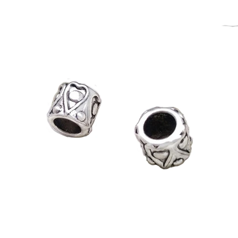 Antique Round Silver Beads Fit Knit Bracelets Eurpean Large Hole Handmade Heart Alloy Bijou Supplies DIY Jewellery Parts 35pcs