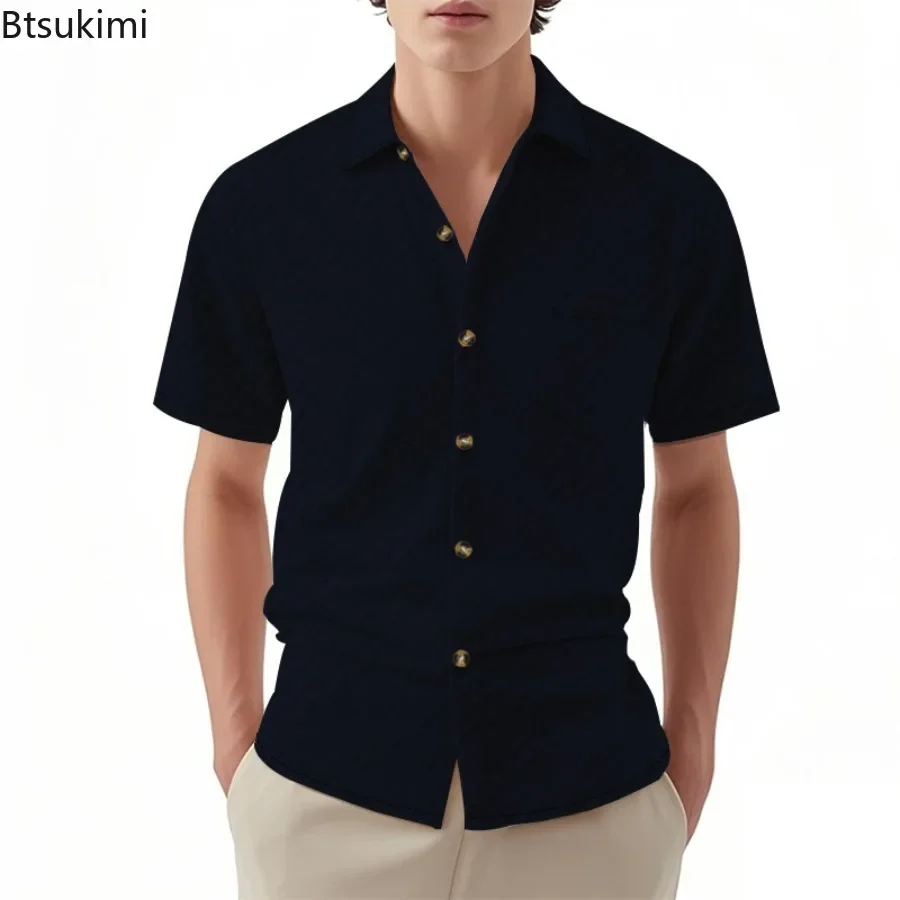 

2025 Новая мужская рубашка, летняя рубашка, пляжная одежда, рубашка на пуговицах, модная удобная однотонная рубашка с короткими рукавами и однотонными лацканами, повседневная одежда