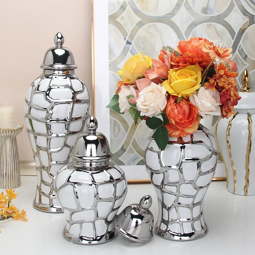 Ceramic General Pot Silver Grid  Porcelain Ginger Jar Storage Tank with Cover Flower Vase Home Furnishing Decoration Vases Pots