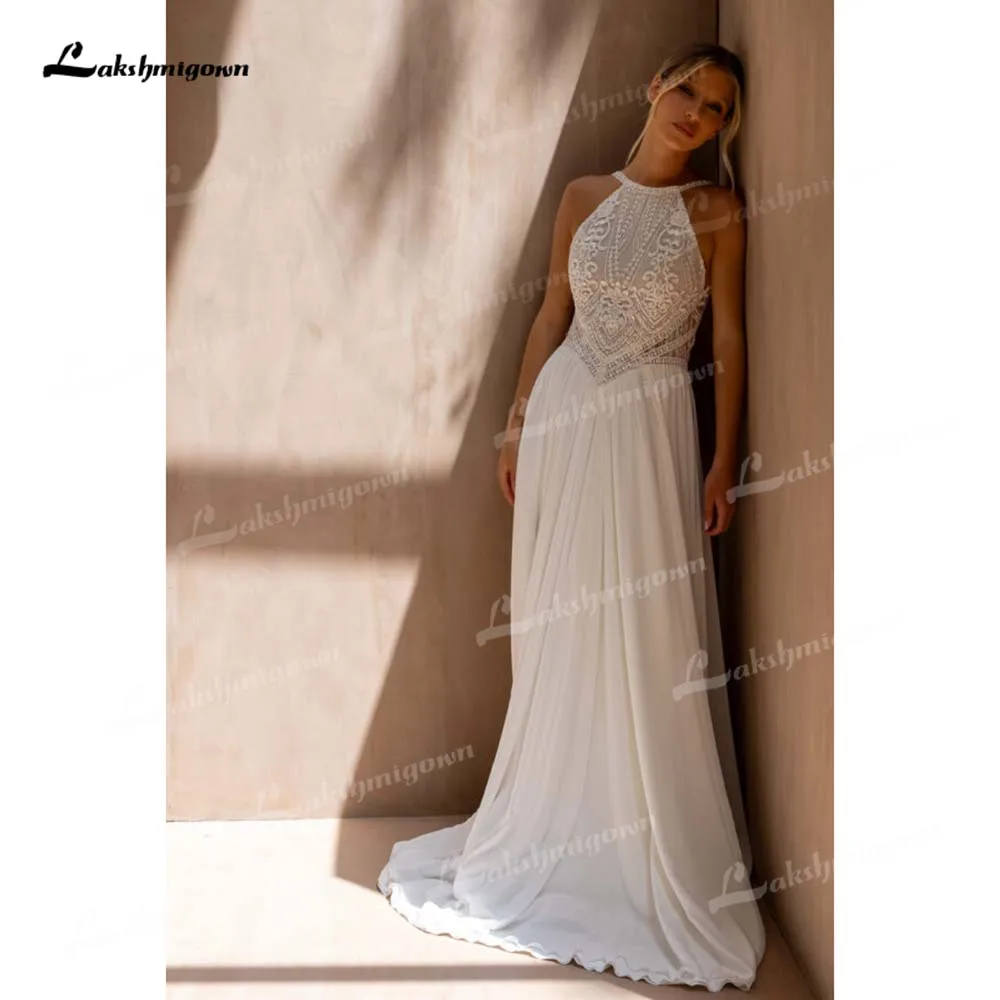 Lakshmigown Boho A-Line Halter Wedding Dress 2026 Cut-Out Lace Sweep Train Open Back Wedding Gown Vestidos De Novia Customized