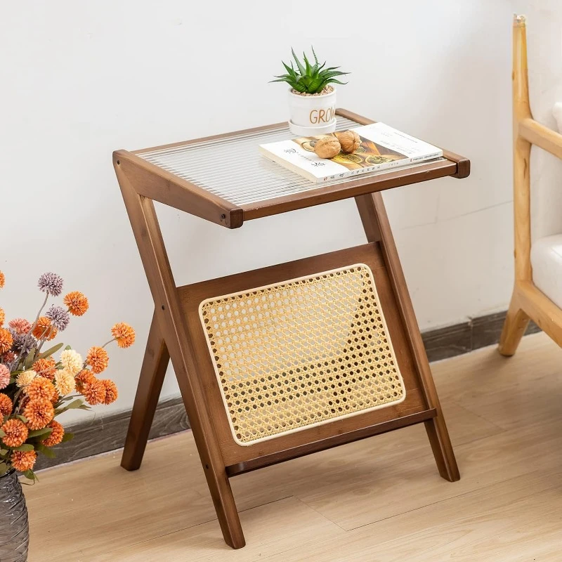 Rattan Nightstand Side Table, Bamboo Accent Bedside Tables, Glass Coffee Tables,  Wooden End Table with Storage for Small Space