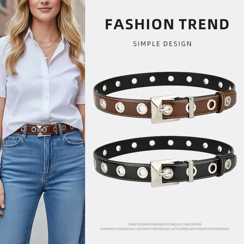 Women's Retro Genuine Leather Rivet Decoration Belt,Personalized Metal Eyelets Needle Buckles Versatile Jeans Dresses Pants Belt