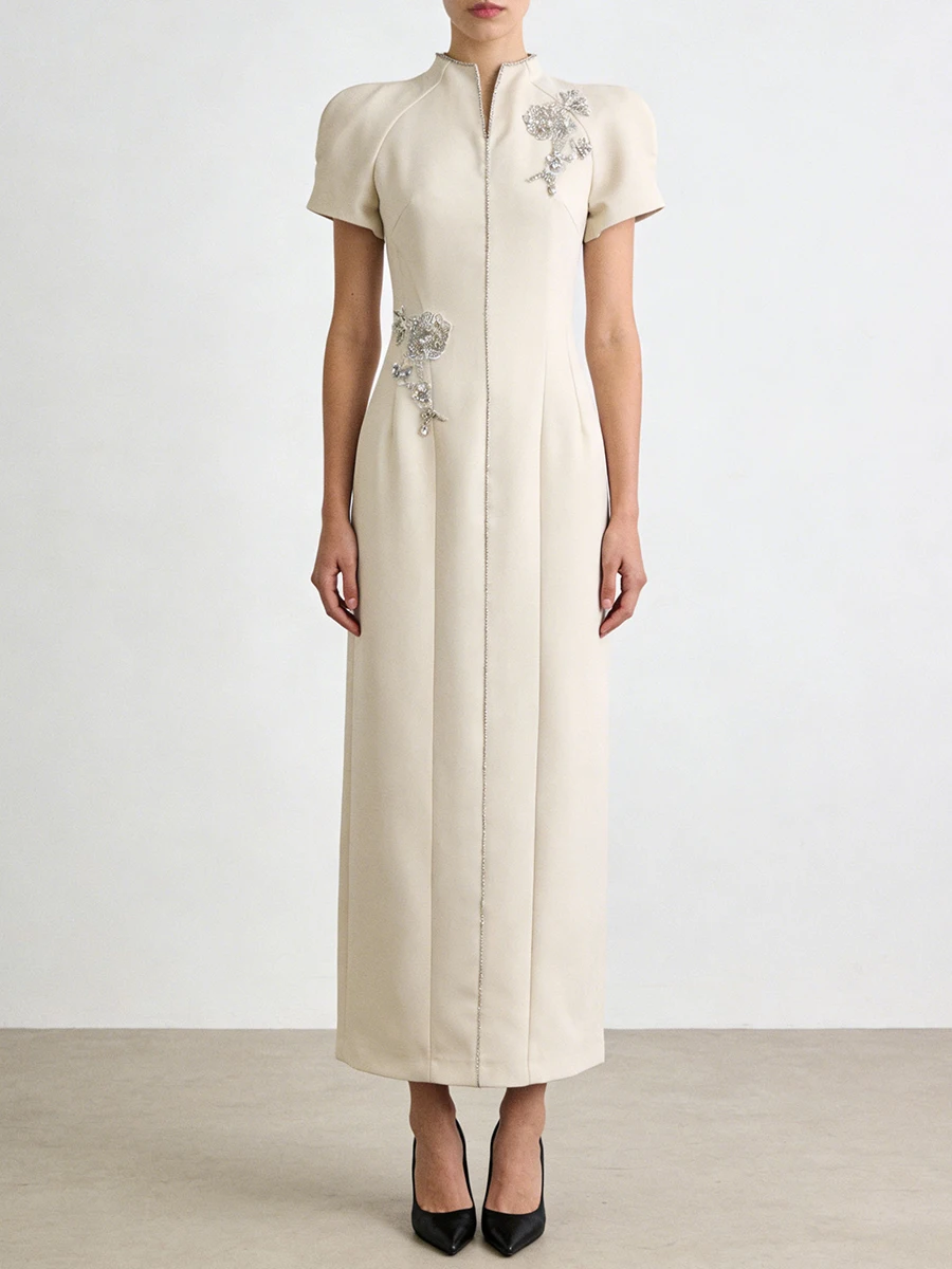 Twotwinstyle sólido emagrecimento emendado apliques temperamento vestidos para mulheres com decote em v mangas curtas túnica elegante vestido longo feminino